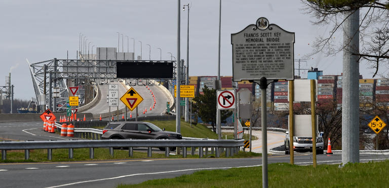 March 26, 2024: A view of the Francis Scott Key bridge ramp with bridge wreckage visible on left near the Maryland Transportation Authority campus on the northeast end of the bridge.
