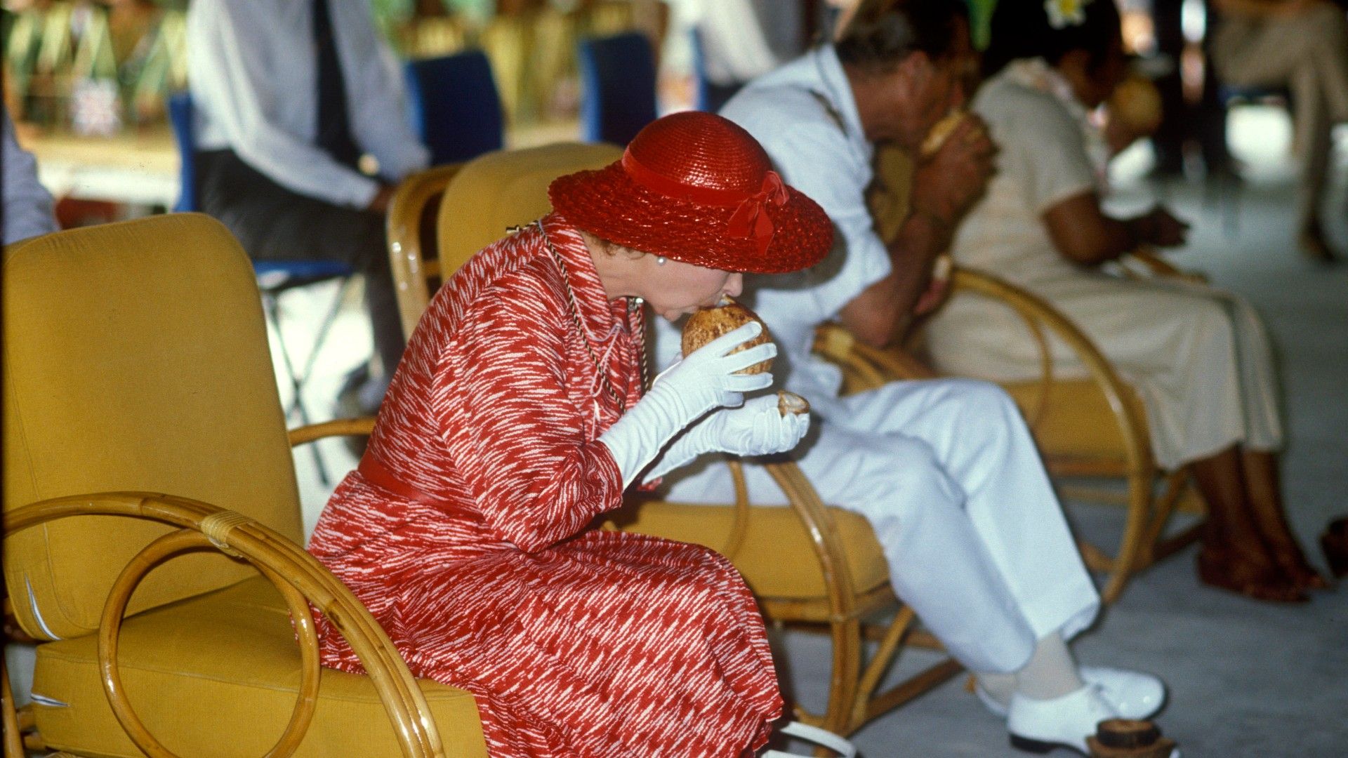 <p>                     Philip and Elizabeth made sure to get stuck into the local culture when they visited Kiribati in the South Pacific in 1982.                   </p>                                      <p>                     It was rare to ever see the Queen (or her husband) eat or drink anything while in view of the public on royal tours, so it was quite the moment to see the royal couple enjoy a sip from a coconut as part of their welcome ceremony in Tarawa, Kiribati. The couple enjoyed their drinks as they watched some traditional dancing from locals.                   </p>