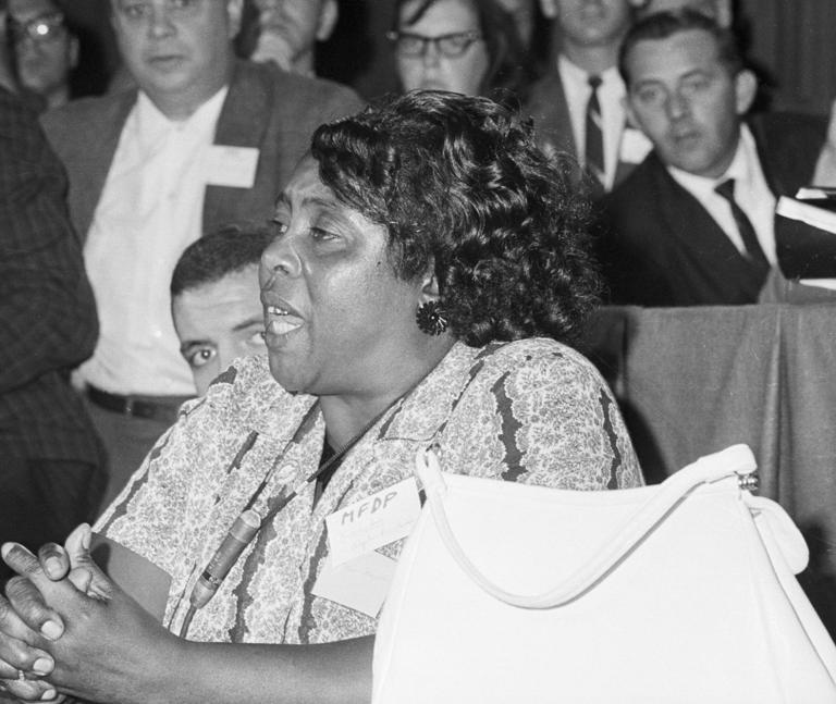 Fanny Lou Hamer speaks out against Mississippi's racist voting laws on Aug. 8, 1964.