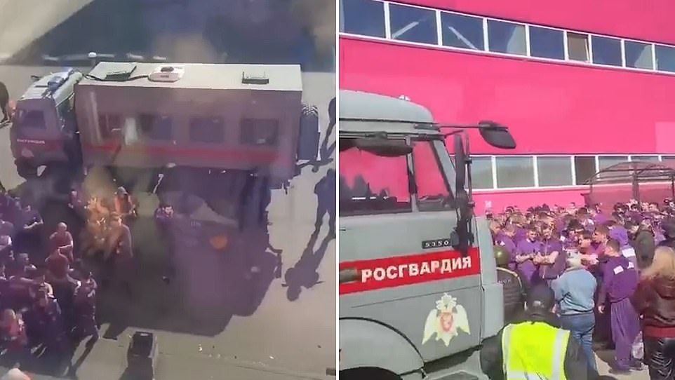 Vladimir Putin is rounding up illegal migrants in Russia to fuel his bloody invasion of Ukraine, just days after four Tajik nationals were charged over the Crocus terror attack in Moscow, with migrant groups left fearing bloody retaliation. Paddy wagons sporting the National Guard insignia arrived at a vast online shopping warehouse in Elektrostal, Moscow today, where thousands of migrant workers were reportedly forced to show their documents. Checks were carried out by armed and masked Russian guards and military enlistment officers, before at least 40 people were hauled away from the Wildberries warehouse.