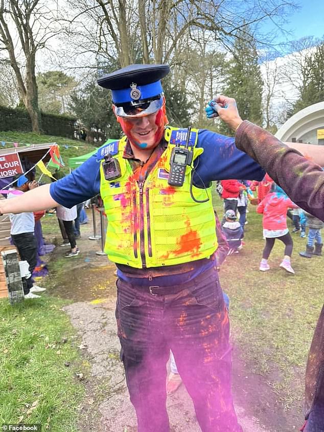 'dancing while my nan's house was being burgled': police face backlash after officers covered in coloured paint bust moves at town's holi festival