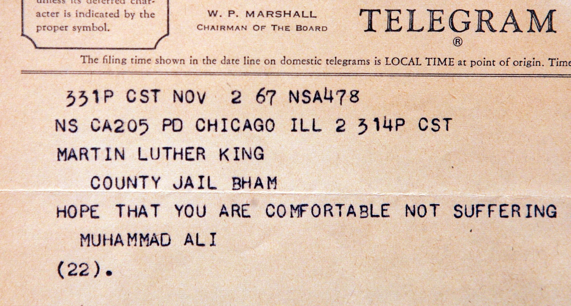Incarcerated in Birmingham County Jail, King received several telegrams of support, including this message from boxer Muhammad Ali.<p>You may also like:<a href="https://www.starsinsider.com/n/277940?utm_source=msn.com&utm_medium=display&utm_campaign=referral_description&utm_content=347864v15en-us"> The most extravagant celebrity purchases</a></p>