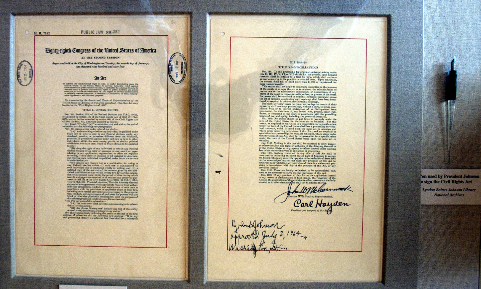 The actual Title VII of the Civil Rights Act of 1964 document and as well as the pen used to sign it is on display in the East Room of the White House.<p>You may also like:<a href="https://www.starsinsider.com/n/212871?utm_source=msn.com&utm_medium=display&utm_campaign=referral_description&utm_content=347864v15en-us"> Air-time legends: The longest-running TV series ever</a></p>