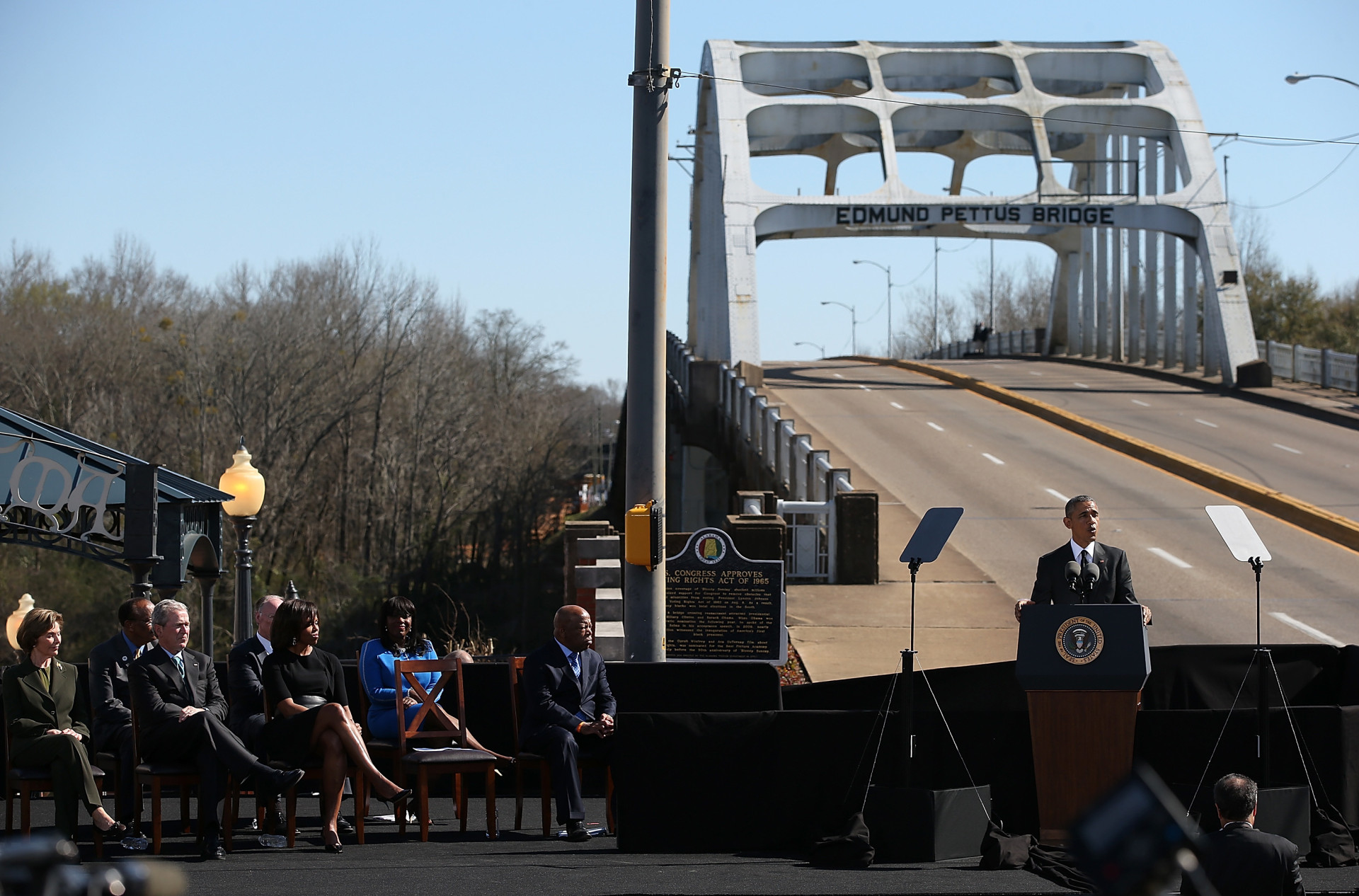 President Barack Obama speaks in front of the Edmund Pettus Bridge in Selma, the scene of a violent confrontation between marchers and police and state troopers.<p>You may also like:<a href="https://www.starsinsider.com/n/426152?utm_source=msn.com&utm_medium=display&utm_campaign=referral_description&utm_content=347864v15en-us"> Images of the world you'd never have seen before the coronavirus outbreak</a></p>