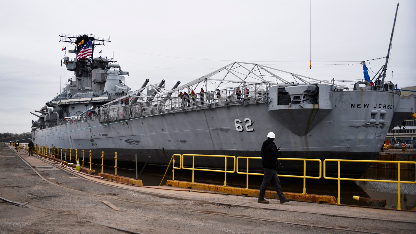 USS New Jersey docks at Philadelphia Naval Shipyard for repairs