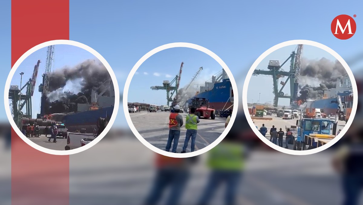 grúa se incendia y se desploma sobre barco en el puerto de altamira