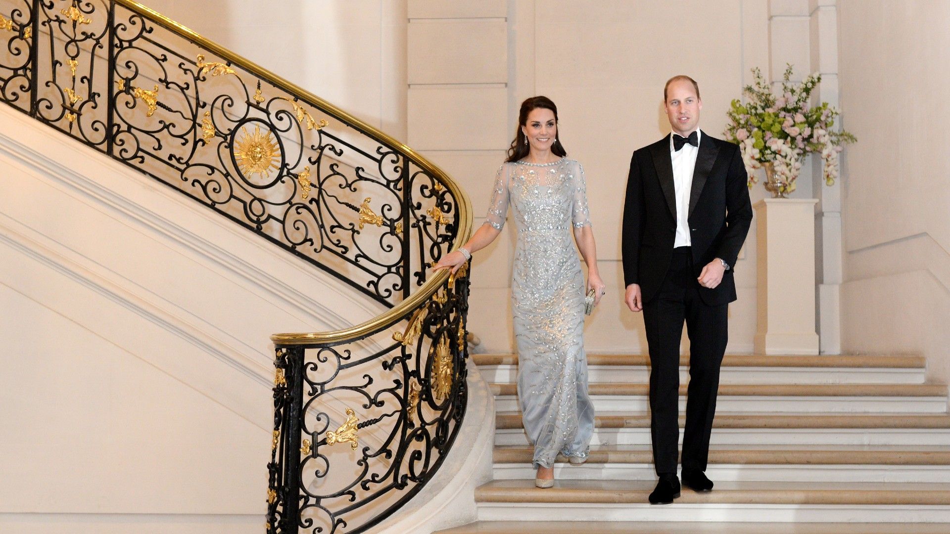 <p>                     Putting on a glamorous and united front, Prince William and Kate Middleton attended a dinner hosted by Her Majesty's Ambassador to France, Edward Llewellyn, at the British Embassy in Paris in 2017.                   </p>                                      <p>                     Poignantly, it was the prince’s first official visit to the French capital since his mother died there in 1997.                   </p>                                      <p>                     William looked powerful and suave in a classic tuxedo, while Kate positively glistened beside him in a twinkly, pale blue Jenny Packham gown.                   </p>