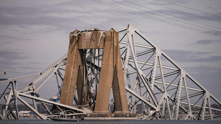 The Francis Scott Key Bridge following a collapse into the Patapsco River in Baltimore, Maryland, US, on Tuesday, March 26, 2024. The commuter bridge collapsed after being struck by a container ship, causing vehicles to plunge into the water and halting shipping traffic at one of the most important ports on the US East Coast.