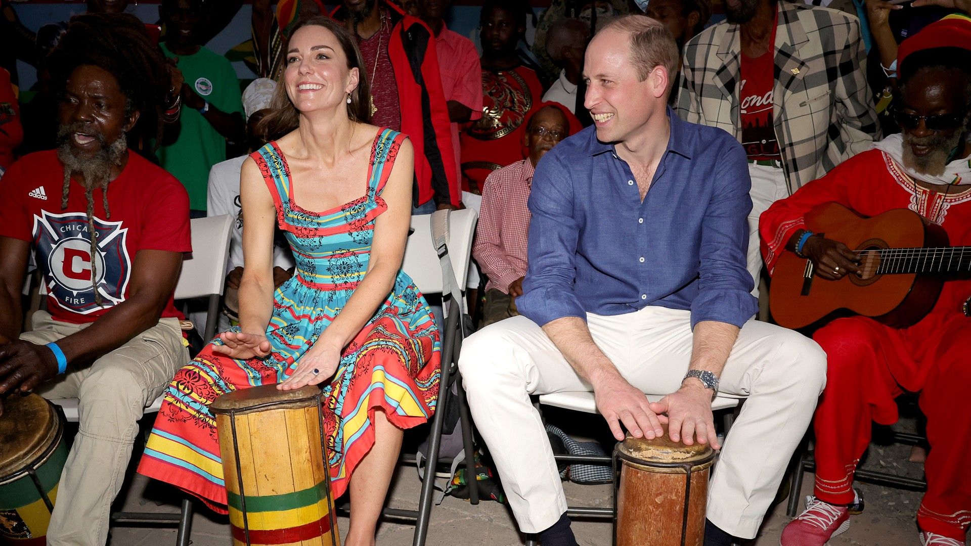 <p>                     Being in the Caribbean - a place known for inspiring music from the likes of Bob Marley - must have really stirred something in William and Kate during their 2022 overseas tour.                   </p>                                      <p>                     Letting their hair down (metaphorically for William, literally for Catherine) the pair got in on the fun and made their own kind of music, banging away on some drums as they were supported by various other musicians.                   </p>                                      <p>                     The musical moment took place when they visited Trench Town Culture Yard Museum, where Bob Marley used to live.                   </p>