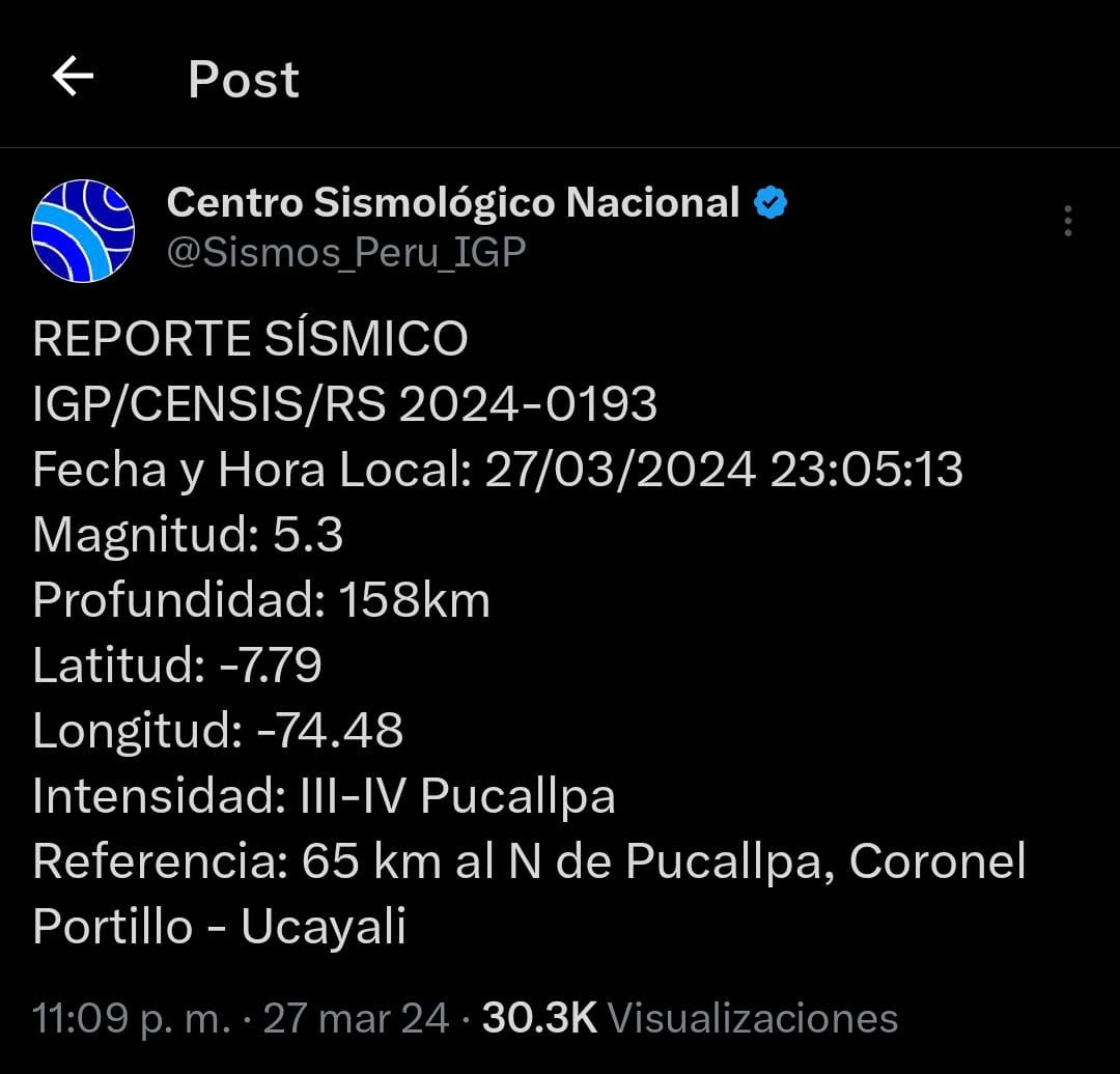 temblor de magnitud 5.3 se sintió en ucayali hoy, según igp