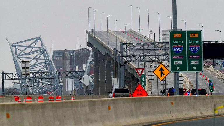 The wreckage of Francis Scott Key Bridge as seen from Dundalk, Maryland, on Wednesday, March 27. Associated Press
