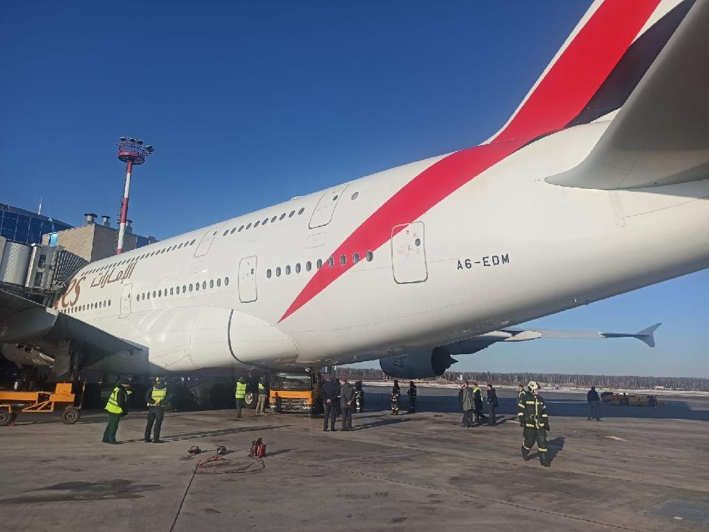 microsoft, a truck got stuck underneath an emirates a380 at a moscow airport and tore a hole in the fuselage