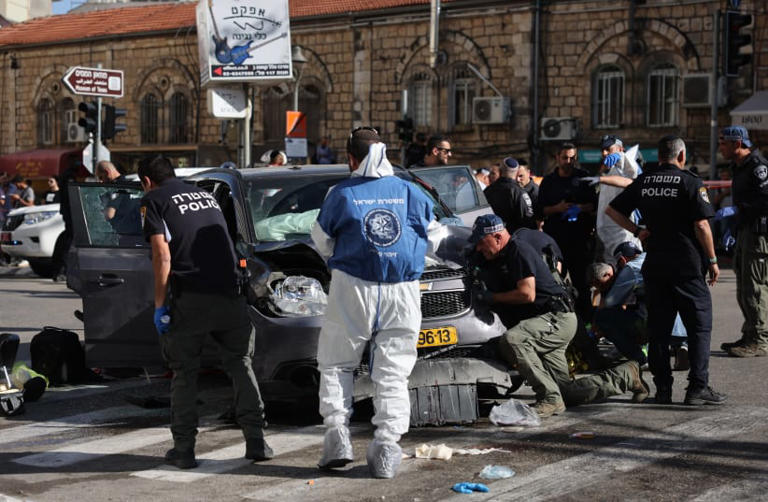  The scene of a car ramming terrorist attack next to the Mahane Yehuda market in Jerusalem, Israel, on April 24, 2023.