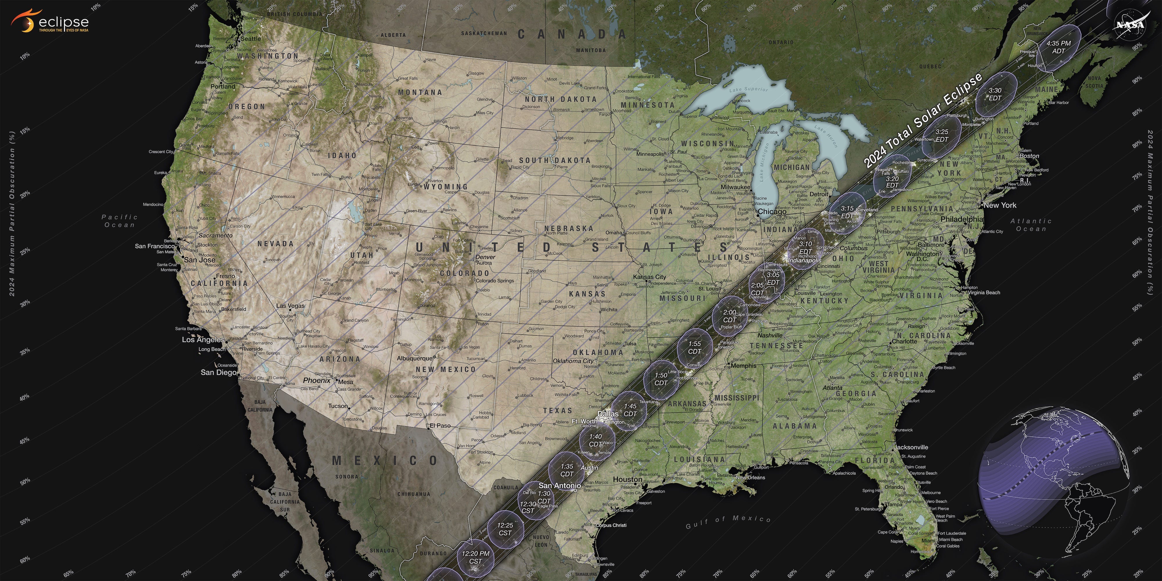 <p>NASA made this detailed map showing the <a href="https://www.businessinsider.com/great-american-total-solar-eclipse-where-view-see-cities-visible-2024-2">path of totality</a> for the April 8 total solar eclipse.</p>