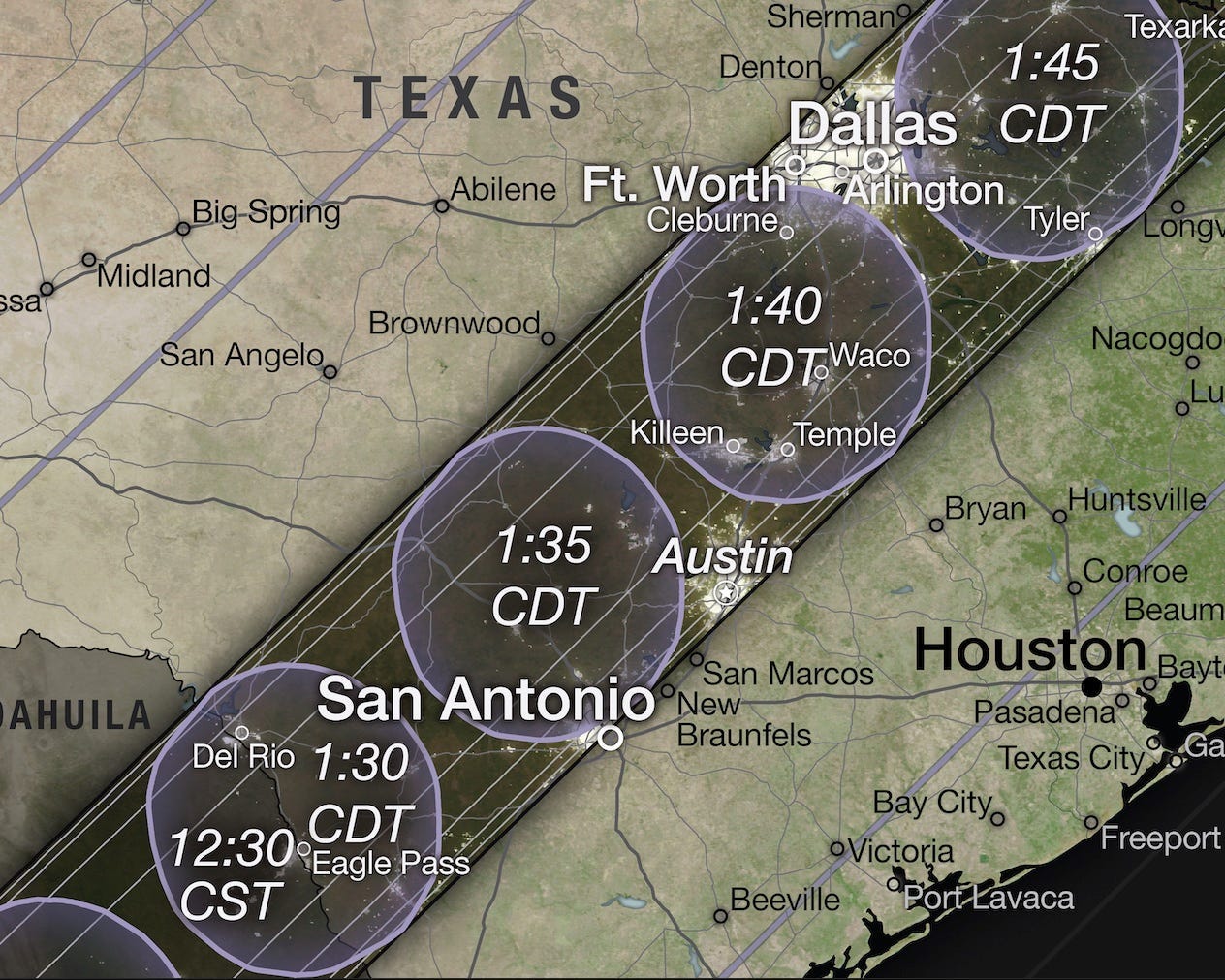 <p>Texas hits a home run with this eclipse, which will begin near San Antonio, Austin, and Dallas.</p>