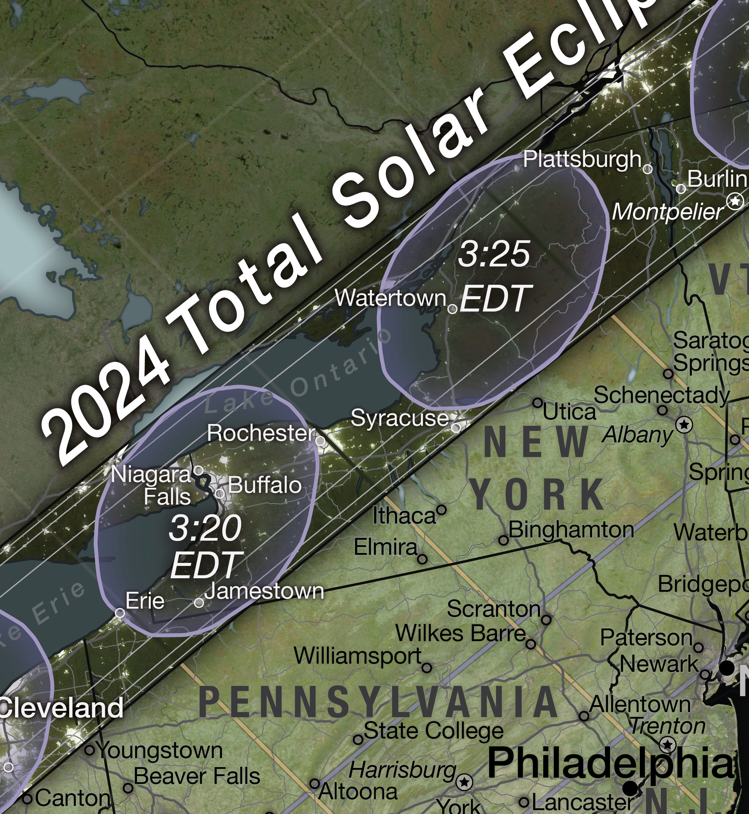<p>Much of the northeast can get its eclipse fix by driving to upstate New York. Niagara Falls, Buffalo, and Syracuse are all in the path of totality.</p>