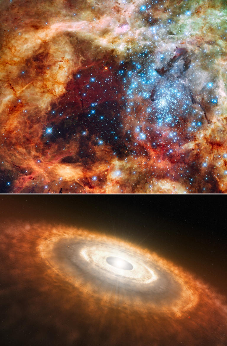 The ULLYSES program studied two types of young stars: super-hot, massive, blue stars and cooler, redder, less massive stars than our Sun. The top panel is a Hubble Space Telescope image of a star-forming region containing massive, young, blue stars in 30 Doradus, the Tarantula Nebula. Located within the Large Magellanic Cloud, this is one of the regions observed by ULLYSES. The bottom panel shows an artist's concept of a cooler, redder, young star that's less massive than our Sun. This type of star is still gathering material from its surrounding, planet-forming disk. Credit: NASA, ESA, STScI, Francesco Paresce (INAF-IASF Bologna), Robert O'Connell (UVA), SOC-WFC3, ESO