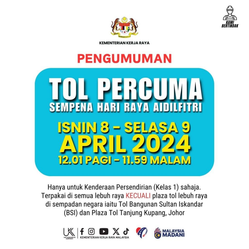 highways are toll-free this raya on 8 and 9 april