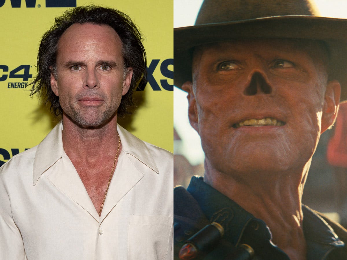 <p>During Lucy's quest to find her missing father, she crosses paths with an irradiated bounty hunter called The Ghoul, and actor Walton Goggins is the star under all that makeup.</p><p>He previously played career criminal Boyd Crowder in "Justified," as well as Captain Mannix in Quentin Tarantino's "<a href="https://www.businessinsider.com/every-quentin-tarantino-movies-ranked-worst-to-best-2019-7">The Hateful Eight</a>."</p><p>As players of the games will know, most ghouls are creatures who were once human but have been turned into mindless creatures by exposure to radiation. But The Ghoul has retained his humanity and has been alive for hundreds of years by the time "Fallout" starts.</p><p>Goggins' character used to be a normal man called Cooper Howard, and he shows up in a Vault-Tec commercial in the trailer.</p>