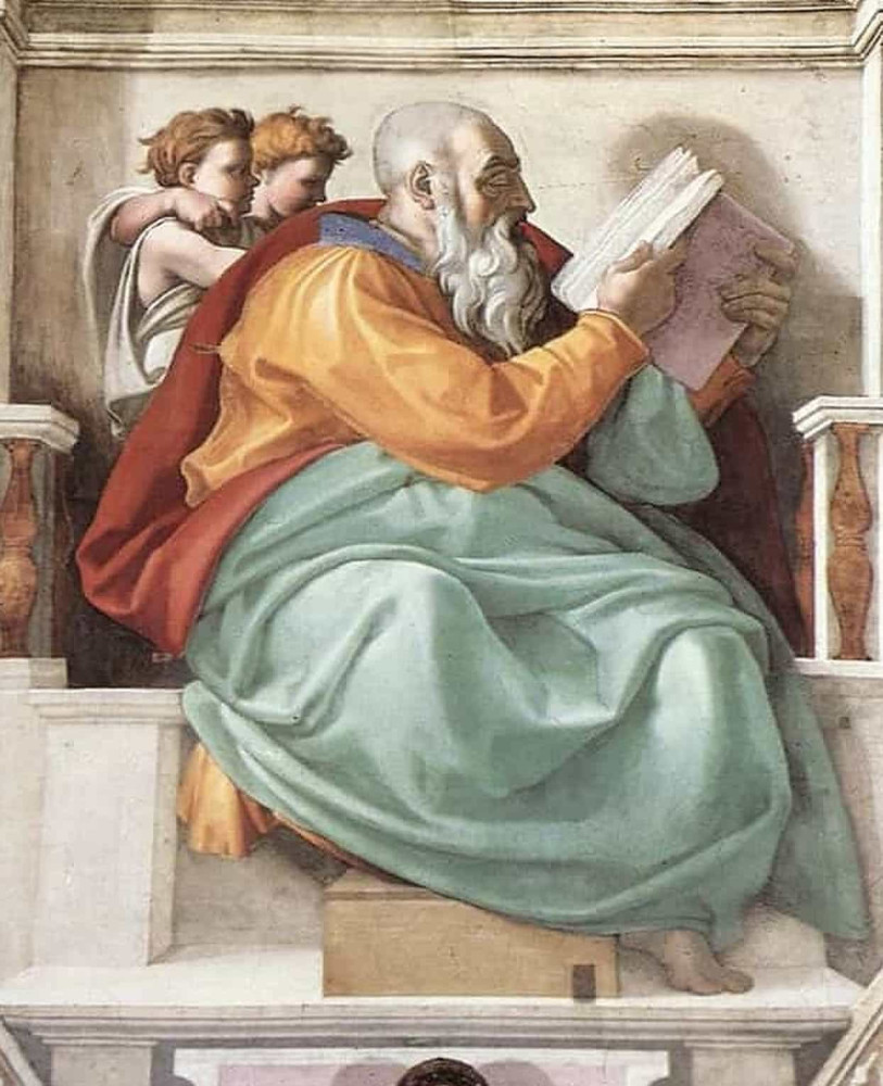 <p>This artwork was made by the renowned artist Michelangelo in the Sistine Chapel. Despite his difficult relationship with Pope Julius II, he depicted him as the biblical prophet Zechariah alongside two angels. However, one of the angels is portrayed making an offensive gesture known as "the fig," sparking speculation about its meaning in relation to the dislike between Michelangelo and Pope Julius II.</p>