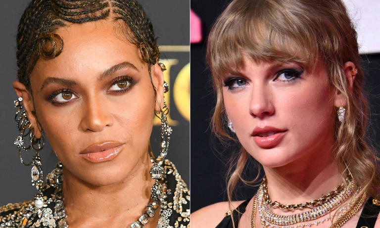 (COMBO) This combination of file pictures created on September 18, 2023 shows US singer-songwriter Beyonce arriving for the world premiere of Disney's "The Lion King" at the Dolby Theatre in Hollywood, California, on July 9, 2019, and US singer-songwriter Taylor Swift arriving for the MTV Video Music Awards at the Prudential Center in Newark, New Jersey, on September 12, 2023. It's rare for a news outlet to dedicate a reporter to one personality, but the publication USA Today has decided Taylor Swift and Beyonce are phenomena requiring their own beats. The recent announcement by Gannett, which owns USA Today, that it was seeking two journalists to cover the biggest names in music like they're running for president triggered both excitement and eyerolls, as well as broader conversation about coverage priorities in an increasingly fragmented and financially precarious news media environment. Gannett, which owns more than 200 daily newspapers, has slashed jobs over the past several years across local markets, laying off six percent of its news division in December. (Photo by Robyn Beck and ANGELA WEISS / AFP) (Photo by ROBYN BECK,ANGELA WEISS/AFP via Getty Images) ORIG FILE ID: AFP_33VL43G.jpg
