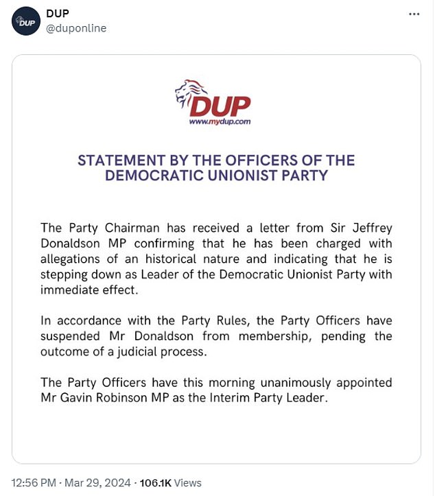 jeffrey donaldson quits as dup leader and is suspended as party member after being charged with 'allegations of an historical nature'