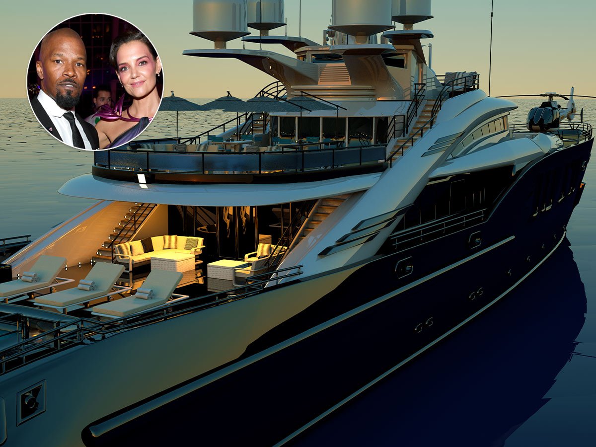 <p>Jamie Foxx and Katie Holmes were previously in a relationship but they have since broken up and moved on. The actress and comedian/actor were seen in the Utopia III super-sized yacht worth an estimated $7 million. Spotted by paparazzi off the coast of Miami, these celebrities were not afraid of flaunting their wealth.</p> <p>The Utopia III features:</p>  <ul>  <li>Tender and waverunner</li>  <li>Gym</li>  <li>Barbecue area</li>  <li>Satellite communications</li>  <li>Five staterooms</li> </ul>  <p>The ginormous yacht requires a nine-person crew to run it and has guest accommodations for up to 10 in the five staterooms on board. While the ship requires a hefty crew to run it, we’re sure these two celebrities had no trouble affording that.</p>  <p>(Images via <a href="https://www.youtube.com/watch?v=tY7UAd48Dj0">YouTube</a>; Kevin Mazur/MG19/Getty Images for The Met Museum/Vogue)</p>