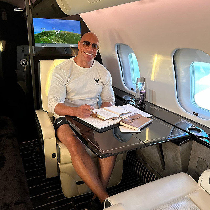 <p>The Gulfstream G650 is the trophy Dwayne Johnson has long deserved as one of the hardest-working stars in Hollywood. The man started out with nothing – he was in bankruptcy – and ended up becoming one of the highest paid actors in Hollywood with a net worth of about $800 million.</p> <p>The Gulfstream G650 features:</p>  <ul>  <li>A quiet four-zone cabin</li>  <li>Private entertainment area with flatscreen TV</li>  <li>Reclining custom ottoman</li>  <li>Luxury seating and carpeting</li> </ul>  <p>The Rock purchased this plane for $65 million, an amount he can certainly afford. This luxurious plane most assuredly serves him well getting him to wherever he needs to go, in style!</p>