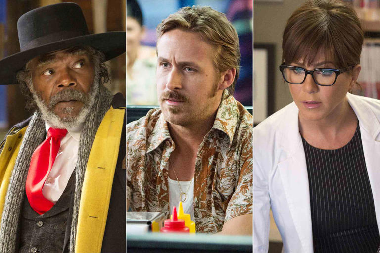 Samuel L. Jackson in 'The Hateful Eight,' Ryan Gosling in 'Nice Guys,' and Jennifer Aniston in 'Horrible Bosses 2'