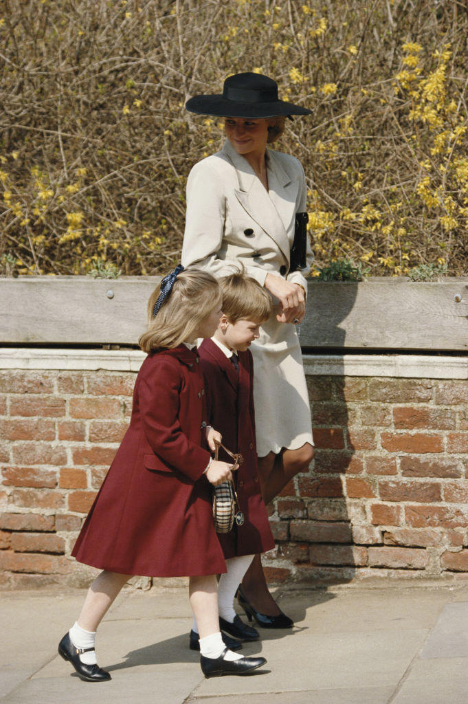 Diana, Princess of Wales, Zara Tindall and Prince William attend an Easter church service at St. George's Chapel in 1988.