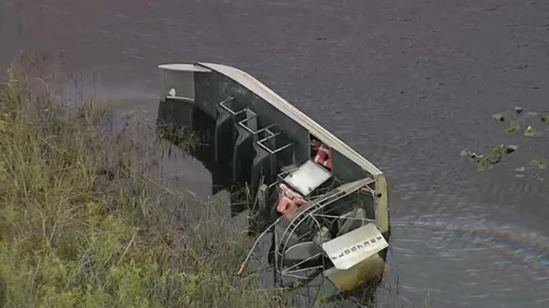 An airboat flipped in the Florida Everglades in Miami-Dade on March 29, 2024.