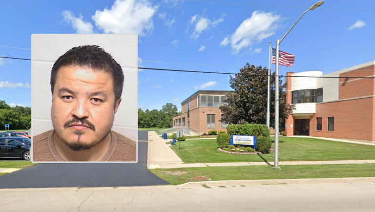Santos Popoca-Mendez, 44, of Milwaukee, Wisconsin, (inset) was arrested during a traffic stop in North Barrington early Thursday morning while transporting dozens of students to Wauconda Middle School. | Background Photo: Google Street View; Inset: Provided