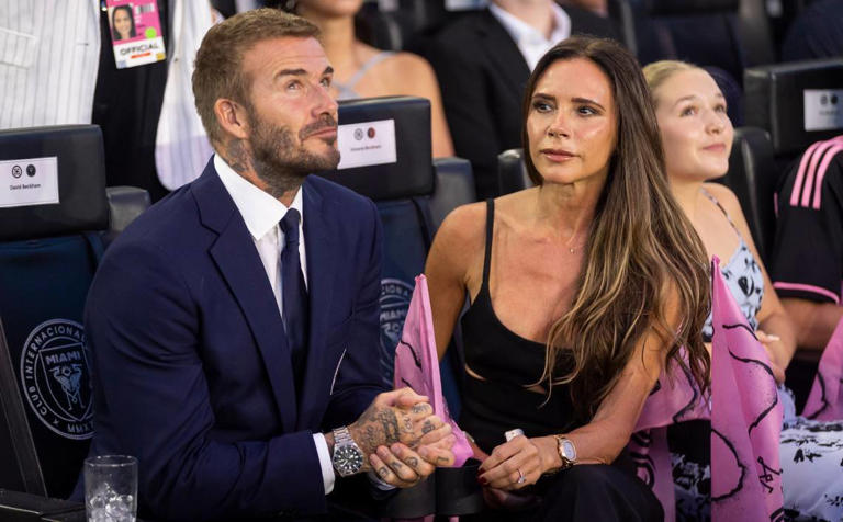 Inter Miami Co-owner David Beckham and his wife, Victoria Beckham, are seen before the start of a Leagues Cup group stage match against Cruz Azul at DRV PNK Stadium on Friday, July 21, 2023, in Fort Lauderdale, Fla.