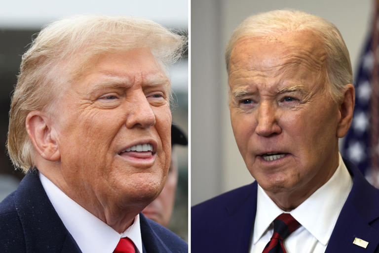 Former President Donald Trump is pictured on the left during a visit to Massapequa, New York on March 28, 2024, while President Joe Biden is shown on the right at the White House in Washington, D.C. on March 26, 2024. Trump received backlash on Friday after sharing a doctored image of a tied up and apparently kidnapped Biden on social media.