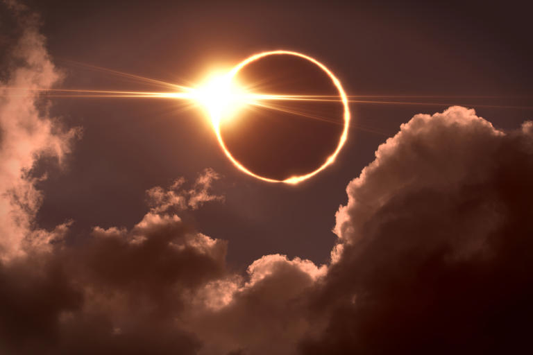 Stock image of a solar eclipse where the moon blocks the path of the sun. Next month's eclipse is the first since 2017 to be seen in the contiguous U.S.