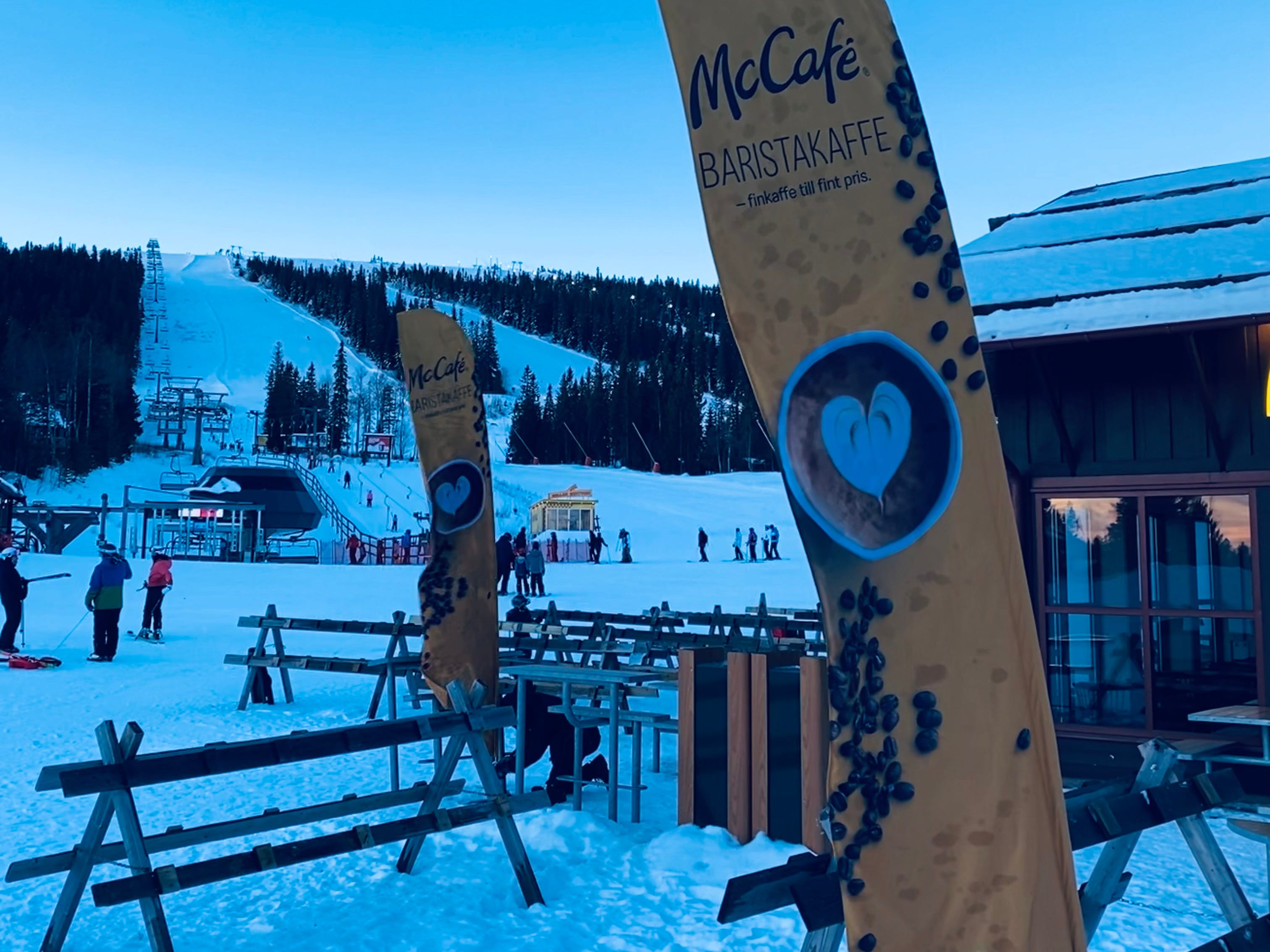 <p>The Telegraph's Richard Orange who <a href="https://www.telegraph.co.uk/travel/ski/inside-worlds-only-ski-through-mcdonalds-sweden-mcski/">recently visited the restaurant</a> said its decor mimics a Swedish hunting lodge, with a cowbell hanging from a pillar in the center.</p><p>Photos uploaded by reviewers on Google show wooden paneling on the walls and ceiling and rows of long tables and benches. The photos also show the restaurant adorned with framed artwork of animals, such as a bird, fox, and moose.</p><p>Large windows mean that customers can have views of the surrounding slopes and trees.</p><p>There are racks outside the restaurant for diners to store their skis, too.</p>