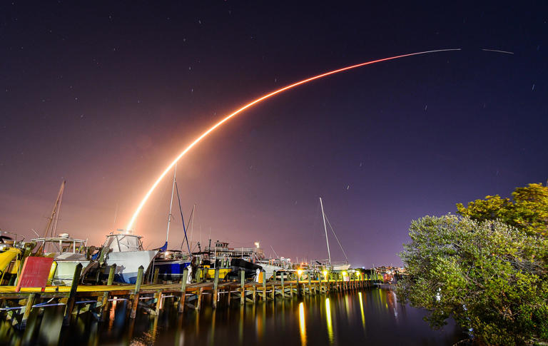 Launch of a SpaceX Falcon 9 rocket on the 6-45 mission to launch another batch of second generation Starlink satellites. Rocket launched from Launch Complex 40 at Cape Canaveral Space Force Station at 9:30 p,m. EDT Saturday March 30. This was the second SpaceX launch from Florida today. Launch viewed over the Indian River from Cocoa.
