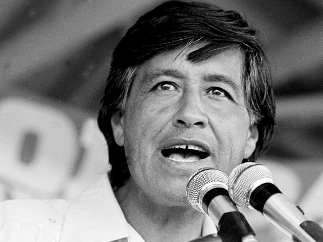 American labor leader and co-founder of the United Farm Workers (formerly known as the National Farm Workers Association) Cesar Chavez (1927 – 1993) speaks at a rallty, Coachella, California, mid to late 1970s.