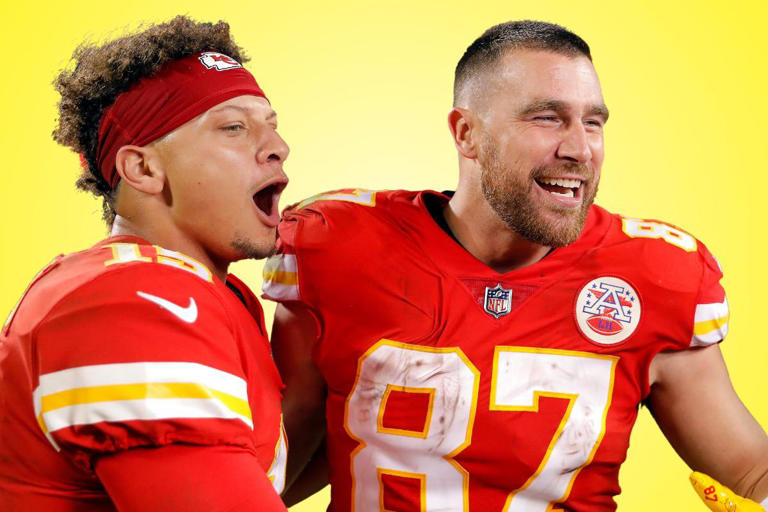 Patrick Mahomes #15 and Travis Kelce #87 of the Kansas City Chiefs celebrate after the Chiefs defeated the Las Vegas Raiders 30-29 to win the game at Arrowhead Stadium on October 10, 2022 in Kansas City, Missouri. The football stars announced they'd be opening a steakhouse—1587 Prime—in Kansas City early next year.