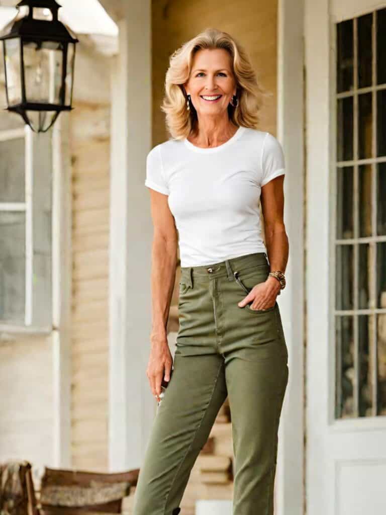 <p>Army green is such a beautiful color that suits women of all ages! A pair of high-waisted army green pants offers a flattering silhouette that can bring out your natural features.</p><p><strong>More Styling Tips from Petite Dressing</strong></p><ul> <li><a href="https://blog.petitedressing.com/dress-styles-over-60/">Over 60? 25 Dress Styles to Always Make You Look Youthful</a></li> <li><a href="https://blog.petitedressing.com/50s-jeans/">The Ultimate Jeans Guide for Women Over 60: 15 Styles You’ll Love</a></li> </ul>