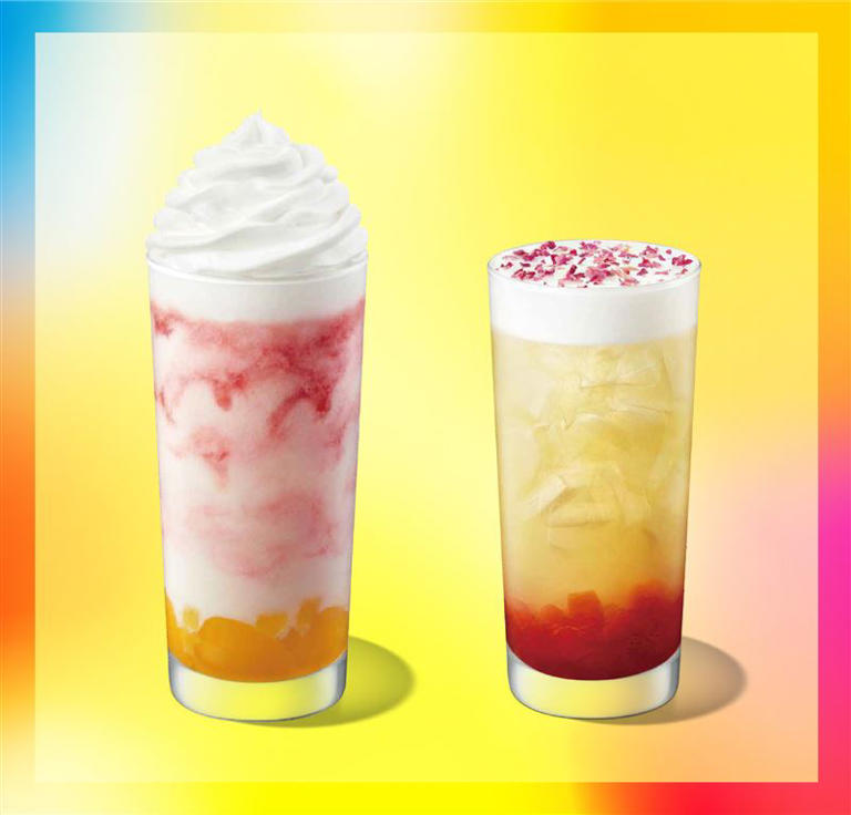 星巴克於4月3日推出首波夏季限定飲品，「夏日芒果番石榴奶霜星冰樂」和「蜜桃茉莉風味青茶」。（圖／業者提供）