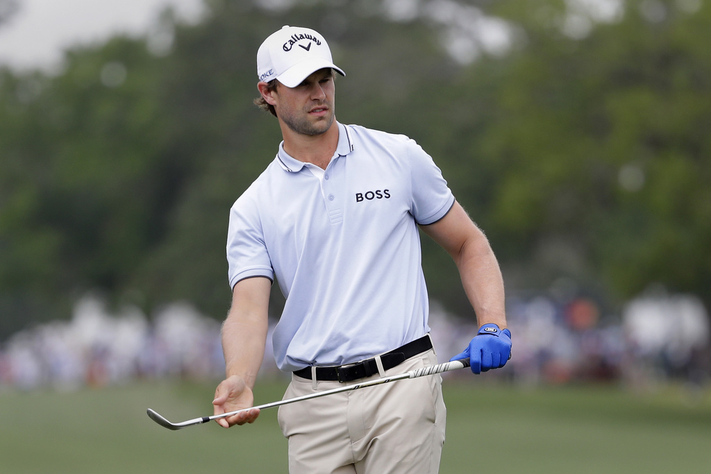 <p>Thomas Detry watches his chip shot onto the eighth green during the final round of the Houston Open golf tournament Sunday, March 31, 2024, in Houston. </p>
