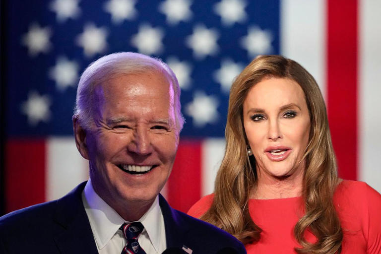 U.S. President Joe Biden (L) at a campaign event at Montgomery County Community College January 5, 2024 in Blue Bell, Pennsylvania. (R) Caitlyn Jenner attends the 2018 Vanity Fair Oscar Party on March 4 in Beverly Hills, California.