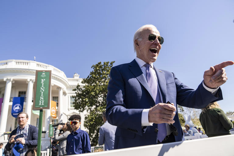 Above, President Joe Biden greets children at the annual Easter Egg Roll on the South Lawn of the White House on April 10, 2023, in Washington, D.C. Biden’s slip-up while referring to “Easter bunnies” during his address at this year’s event drew mockery from critics on social media.