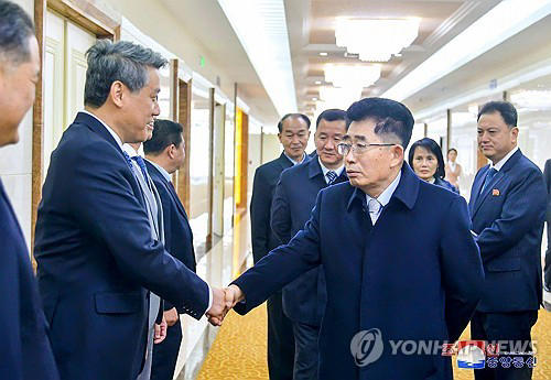 This file photo, released by North Korea's official Korean Central News Agency, shows a North Korean delegation, led by Kim Song-nam (R), director in charge of international affairs at the Workers' Party, departing Pyongyang on March 21, 2024, for visits to China, Vietnam and Laos. (For Use Only in the Republic of Korea. No Redistribution) (Yonhap)