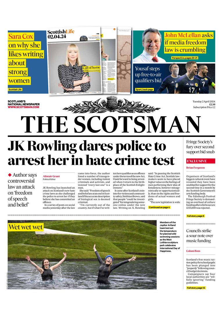 Scotland's papers: Rowling hate crime challenge and child hurt by flare
