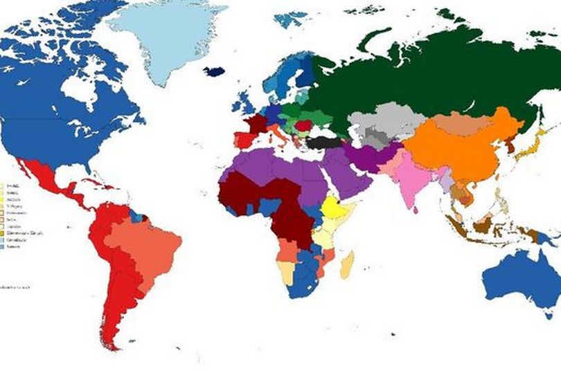 world map shows the most spoken languages in every country