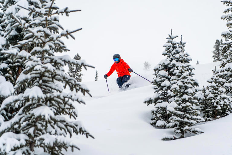 A skier enjoys fresh powder at Copper Mountain Resort in Colorado on March 14, 2024.