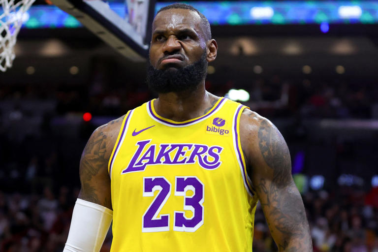 MIAMI, FLORIDA - NOVEMBER 06: LeBron James #23 of the Los Angeles Lakers reacts after being fouled against the Miami Heat during the first quarter of the game at Kaseya Center on November 06, 2023 in Miami, Florida. NOTE TO USER: User expressly acknowledges and agrees that, by downloading and or using this photograph, User is consenting to the terms and conditions of the Getty Images License Agreement. Megan Briggs/Getty Images/AFP (Photo by Megan Briggs / GETTY IMAGES NORTH AMERICA / Getty Images via AFP)