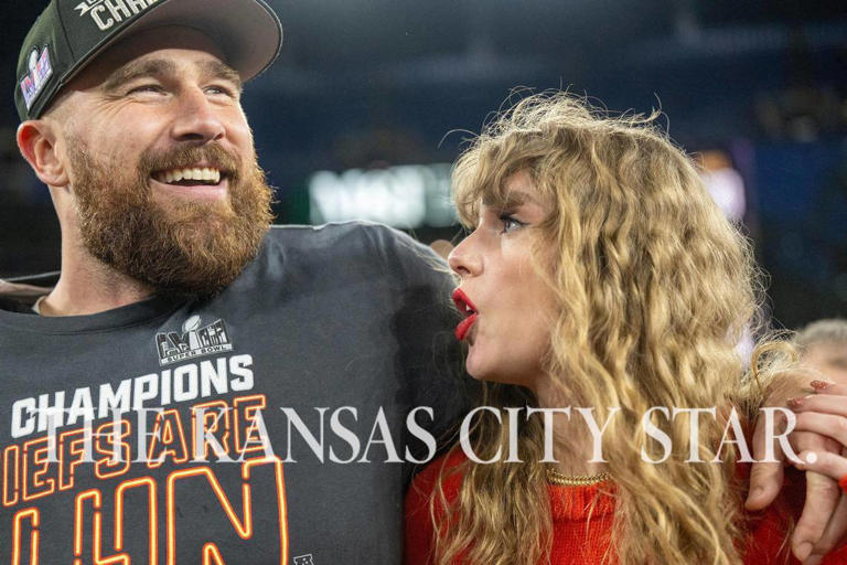 Kansas City Chiefs tight end Travis Kelce (87) and pop star Taylor Swift walk on the field after the Kansas City Chiefs defeated the Baltimore Ravens 17-10 in the AFC Championship Game at M&T Bank Stadium on Sunday, Jan. 28, 2024, in Baltimore.